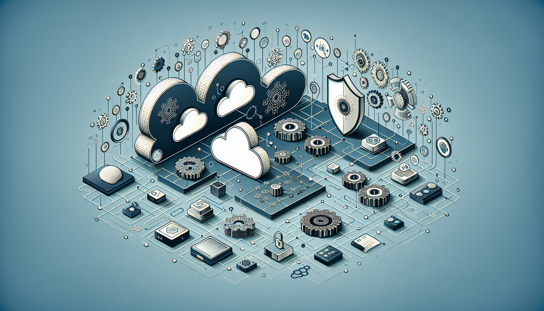 Integrating Cloud Services into Your BCP Strategy - cloud computing icons connected to a shield symbolizing protection