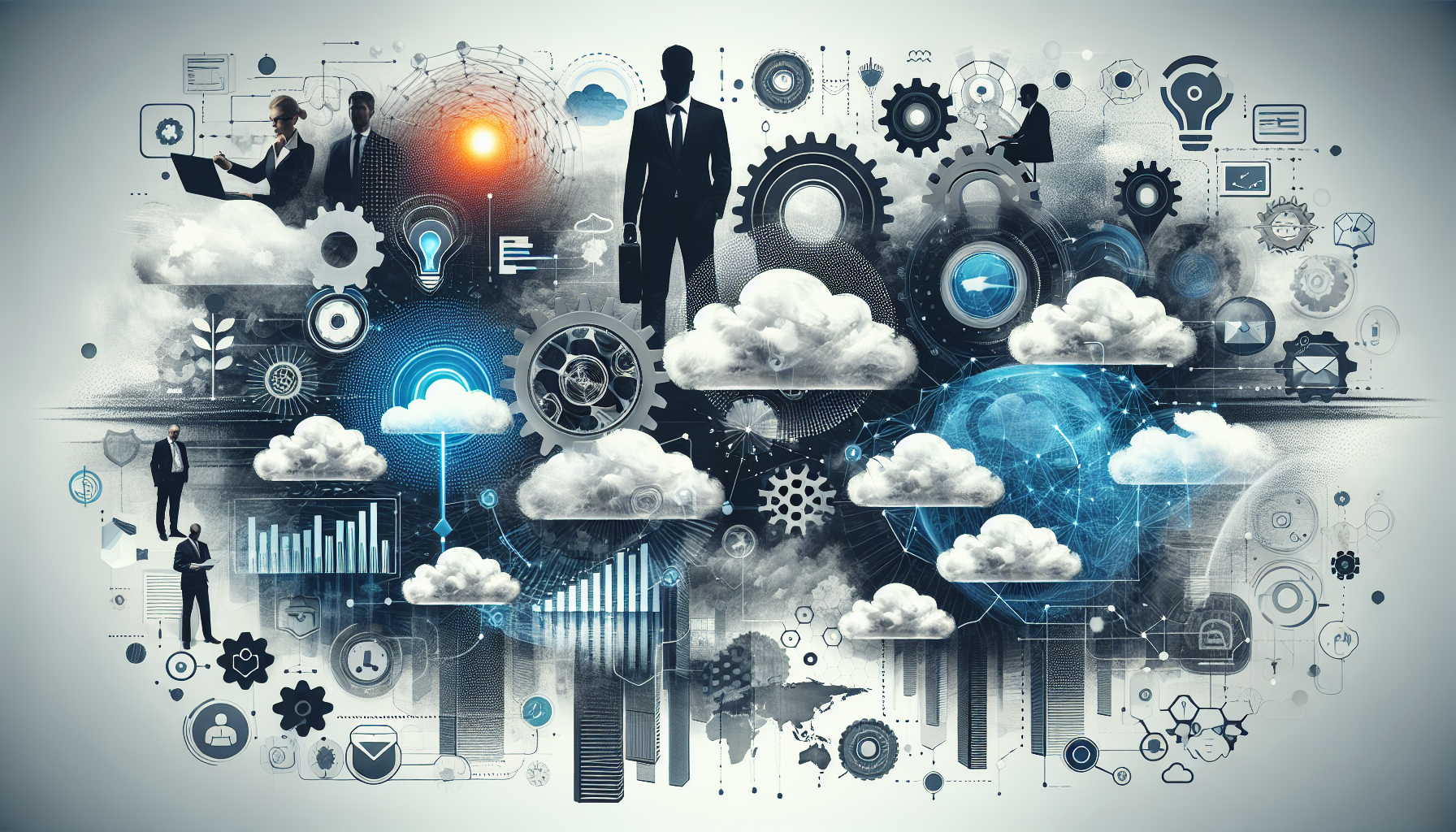 Integrating Cloud Services into Business Continuity Plans - bright cloud symbols interconnected with lines representing network and continuity planning